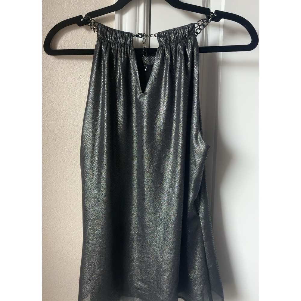 Cache Women S Metallic Silver Halter Top Chain Neck Sleeveless Party Y2K - Picture 3 of 7